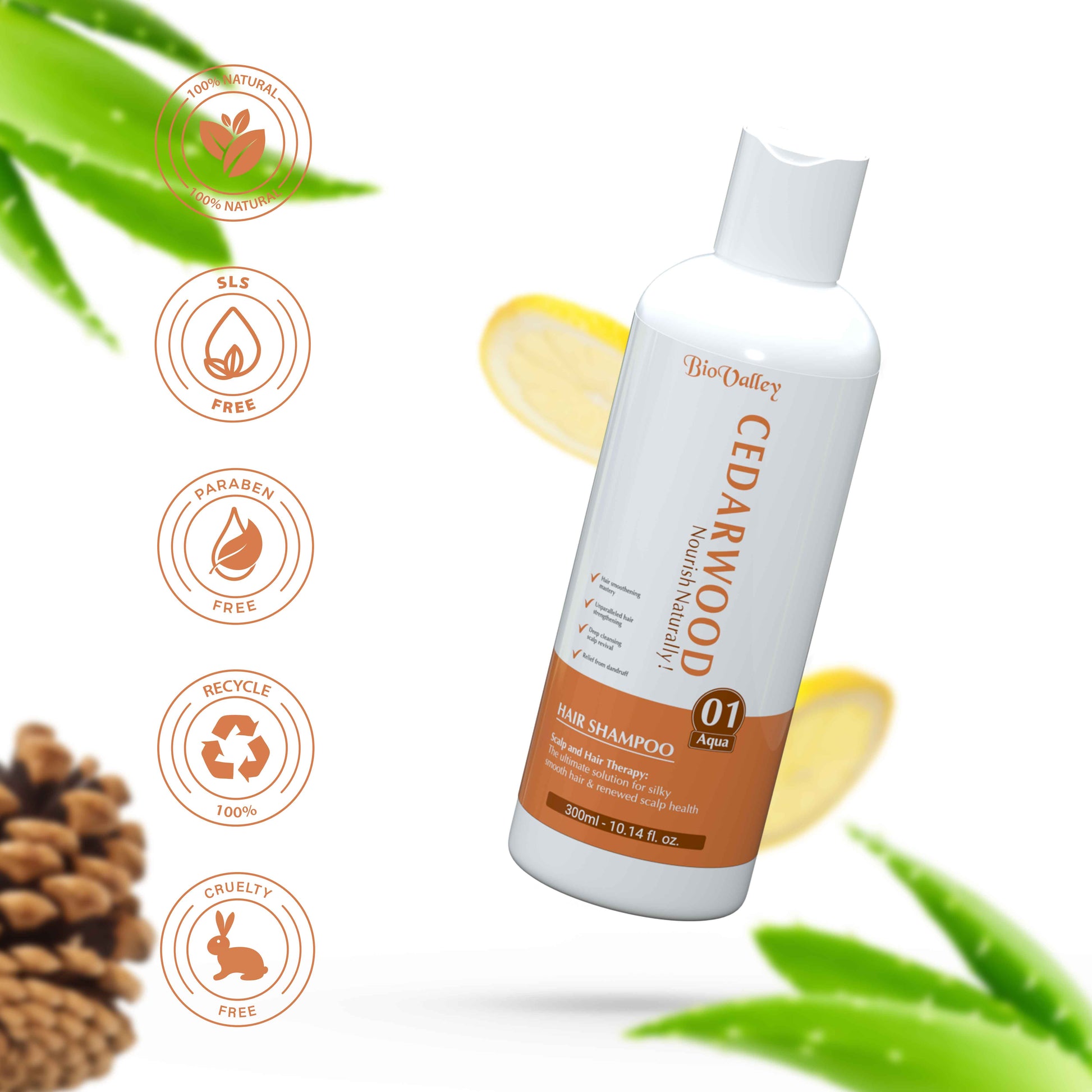 Bio-valley Cedarwood shampoo bottle with certifications