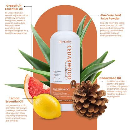 Bio-Valley Cedarwood hair shampoo bottle with main ingredients